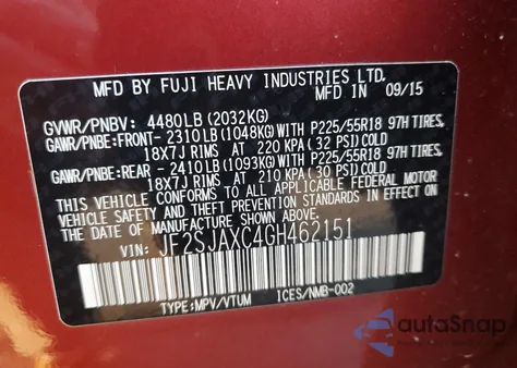 2016 Subaru Forester 2.5I Touring из США, поврежденный, VIN JF2SJAXC4GH462151